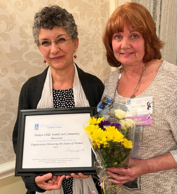 Soroptimist International of Indian Rock Inc. Past-President Patti Cullen, right, poses with Fayrouz Azer of Diakon Lutheran Ministries, winner of the Organization Advancing the Status of Women Award.