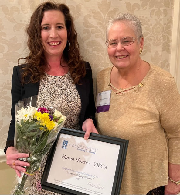 Kristin Chapin, left, of the Bucks County YWCA, received her Women Helping Women award from Soroptimist International of Indian Rock Inc. Past-President Marlene Piasecki.