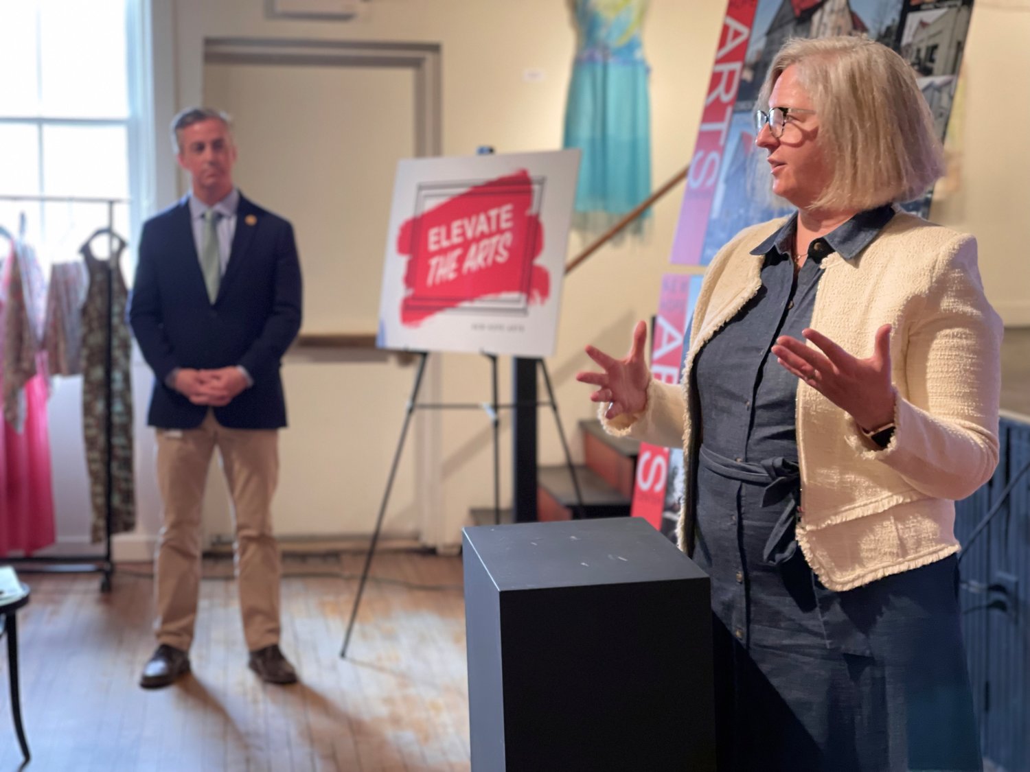 Rosemary Wuenschel, state Sen. Steven Santarsiero’s chief of staff, speaks at a ceremony unveiling plans for renovations.