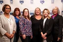 Bucks County Community College and the Bucks County Opportunity Council members, from left, Dr. Dekia Smith, interim dean of students; Mary Finch, senior Self-Sufficiency coach; April Ettinger, Economic Self-Sufficiency supervisor, Erin Lukoss, executive director/CEO; Christina McGinley, executive director of Bucks County Community College Foundation and Alumni Relations; and Lisa Angelo, provost.