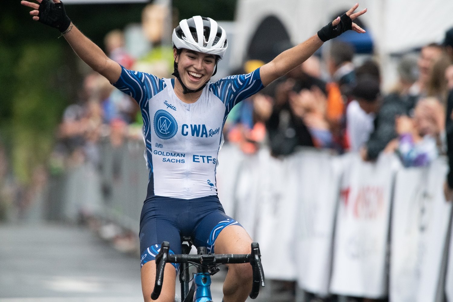 Katia Martinez crosses the finish line first in the Doylestown Health Women Pro 1/2.