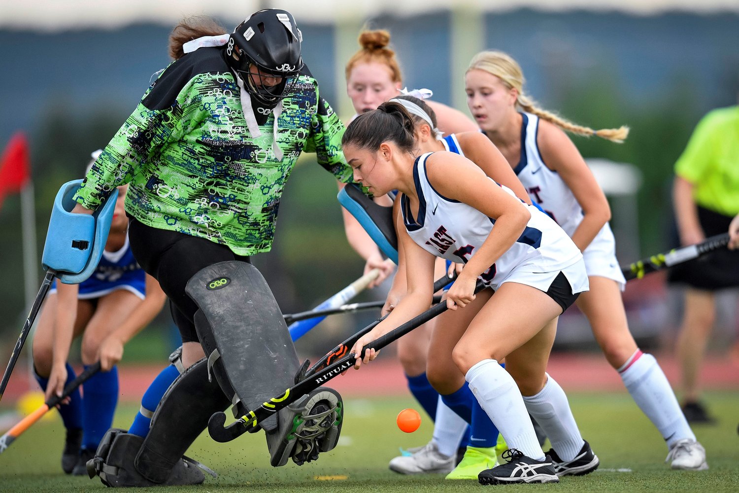 Bensalem goalie Brianna Swanson makes a kick save against CB East.