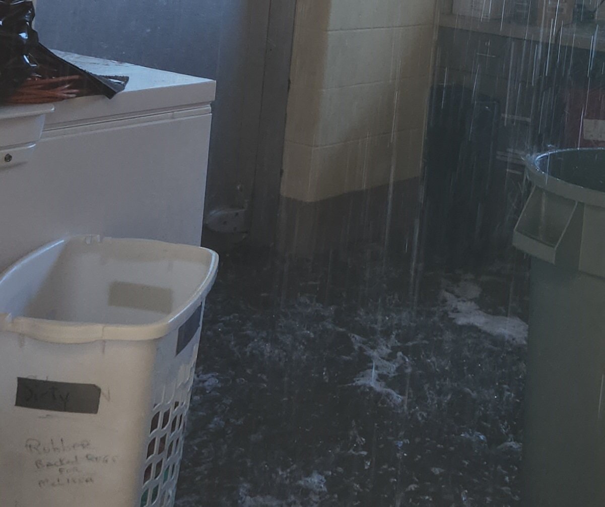 Water pours down from a burst pipe at the Bucks County SPCA’s Quakertown shelter. The shelter will be closed for at least the next few weeks as repairs and cleanup are underway.