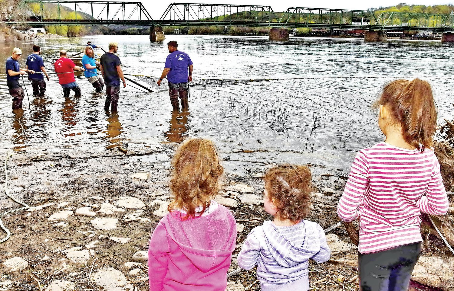 Fishing for shad the old-fashioned way, a team manages its net on the Delaware River during the Lambertville, N.J., Shad Festival.