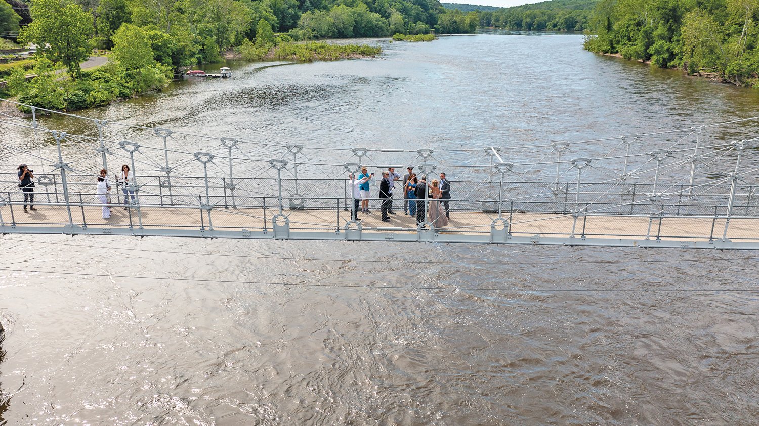 A drone captured the view over the Delaware for a double wedding weekend in Lumberville.