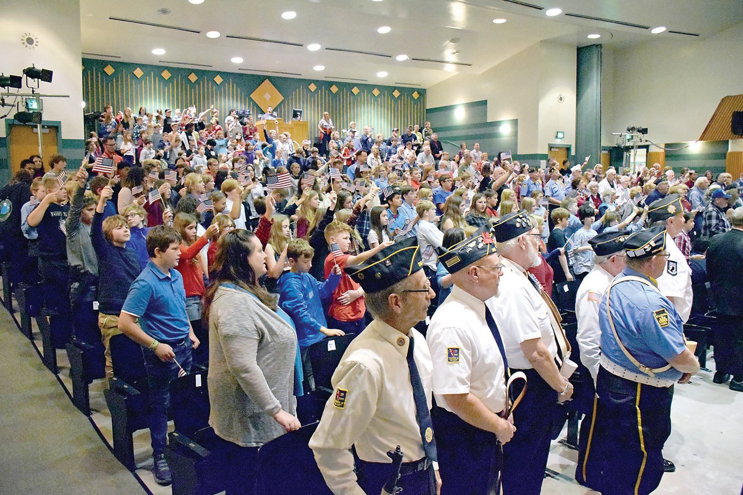 Sixth graders from local schools join the annual Veterans Day observance at Palisades Middle School in Kintnersville. State Rep. Craig Staats organized the 34th annual event with Upper Bucks veterans organizations.