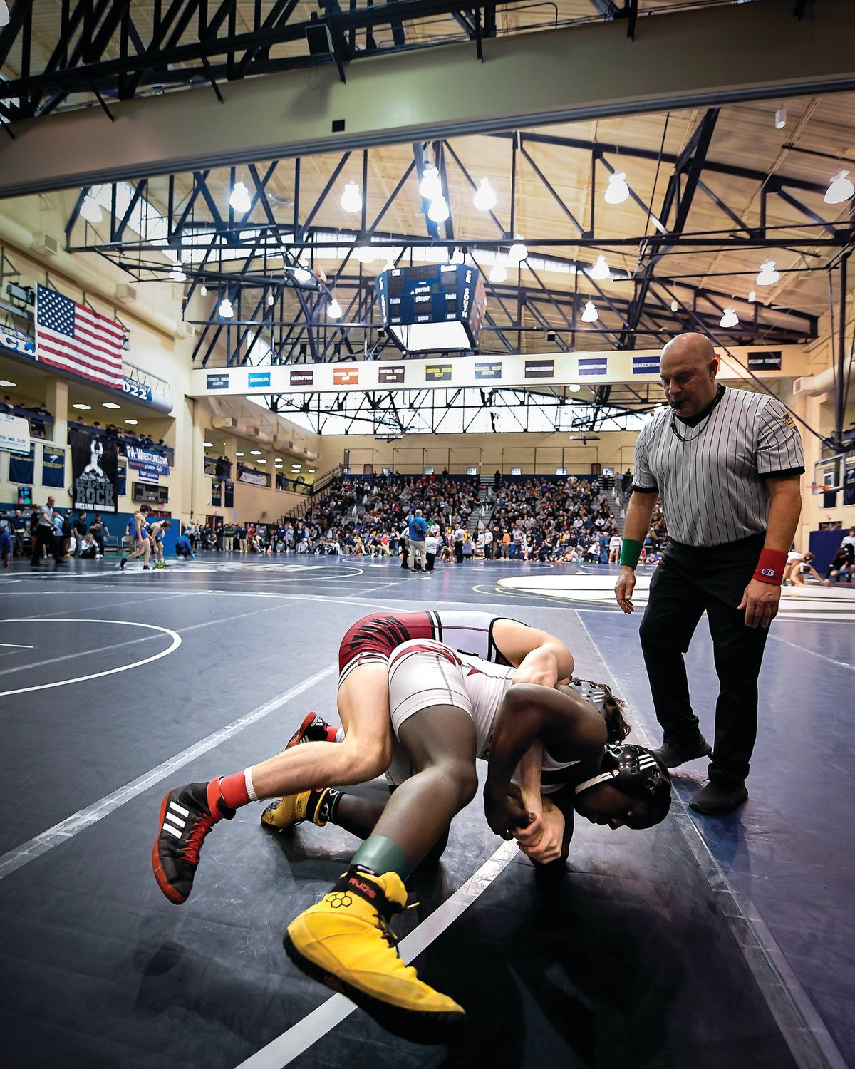 FCA’s Chase Hontz takes down Jamar Wells from Bear, Del., in a 139-pound match. Hontz would go on to win the match 11-1.