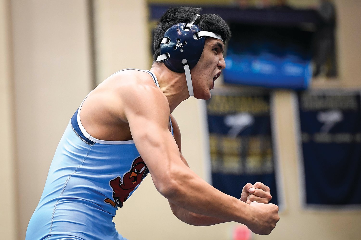 Council Rock South’s Bekhruz Sadriddinov celebrates after pinning Dagen Condomitti of Northampton during a 160-pound semifinal match.