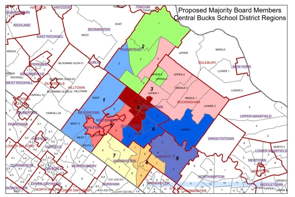 The majority of the Central Bucks School Board reportedly supports this map to redraw the district’s nine voting regions.