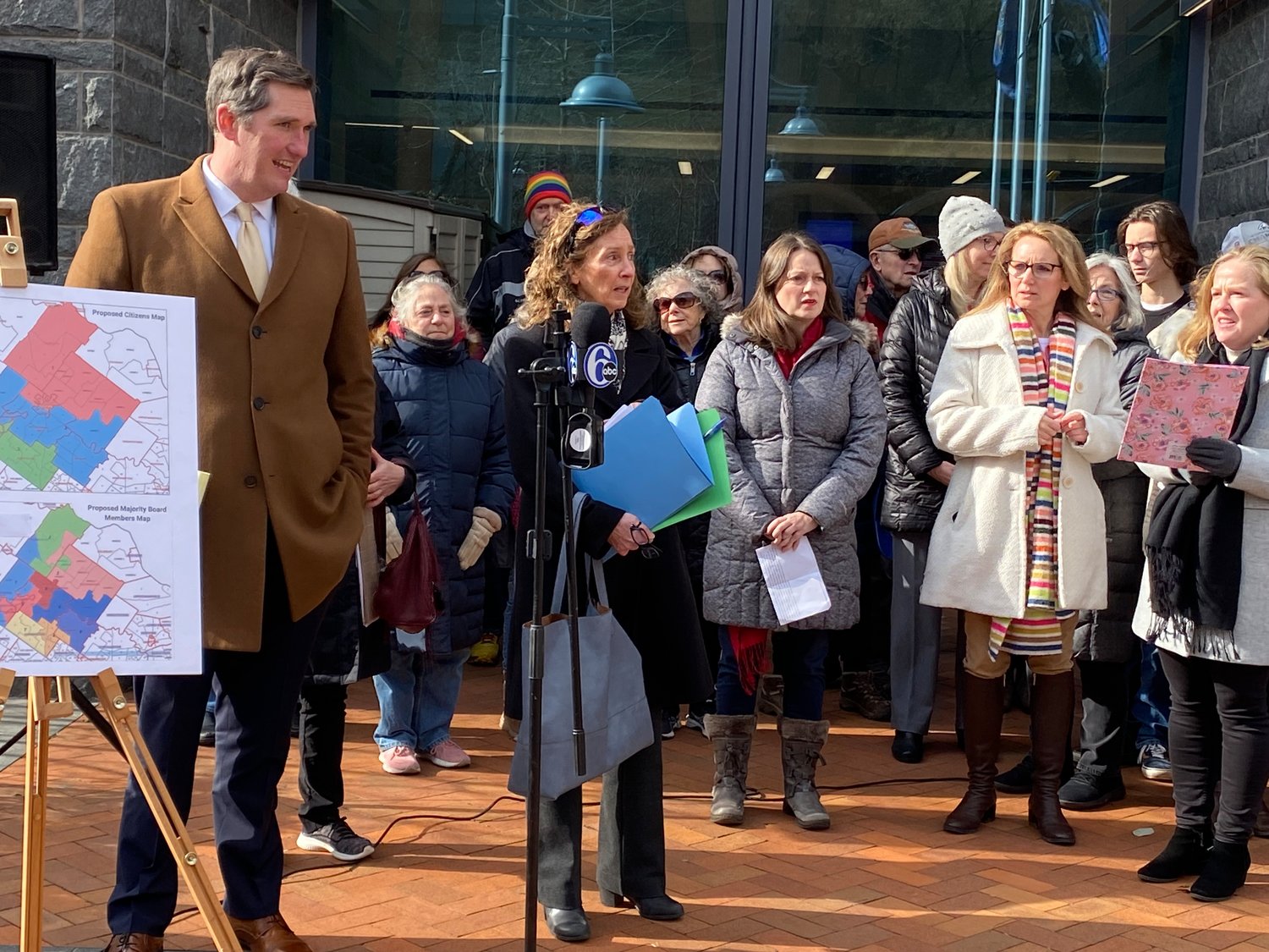 “CBSD Fair Votes” held a press conference Friday in front of the Bucks County Justice Center to explain why it believes the school district’s plan to realign voting districts is unconstitutional. The group is asking a county judge to consider its map. Attorneys Brendan Flynn and Theresa Golding are presenting the different maps.