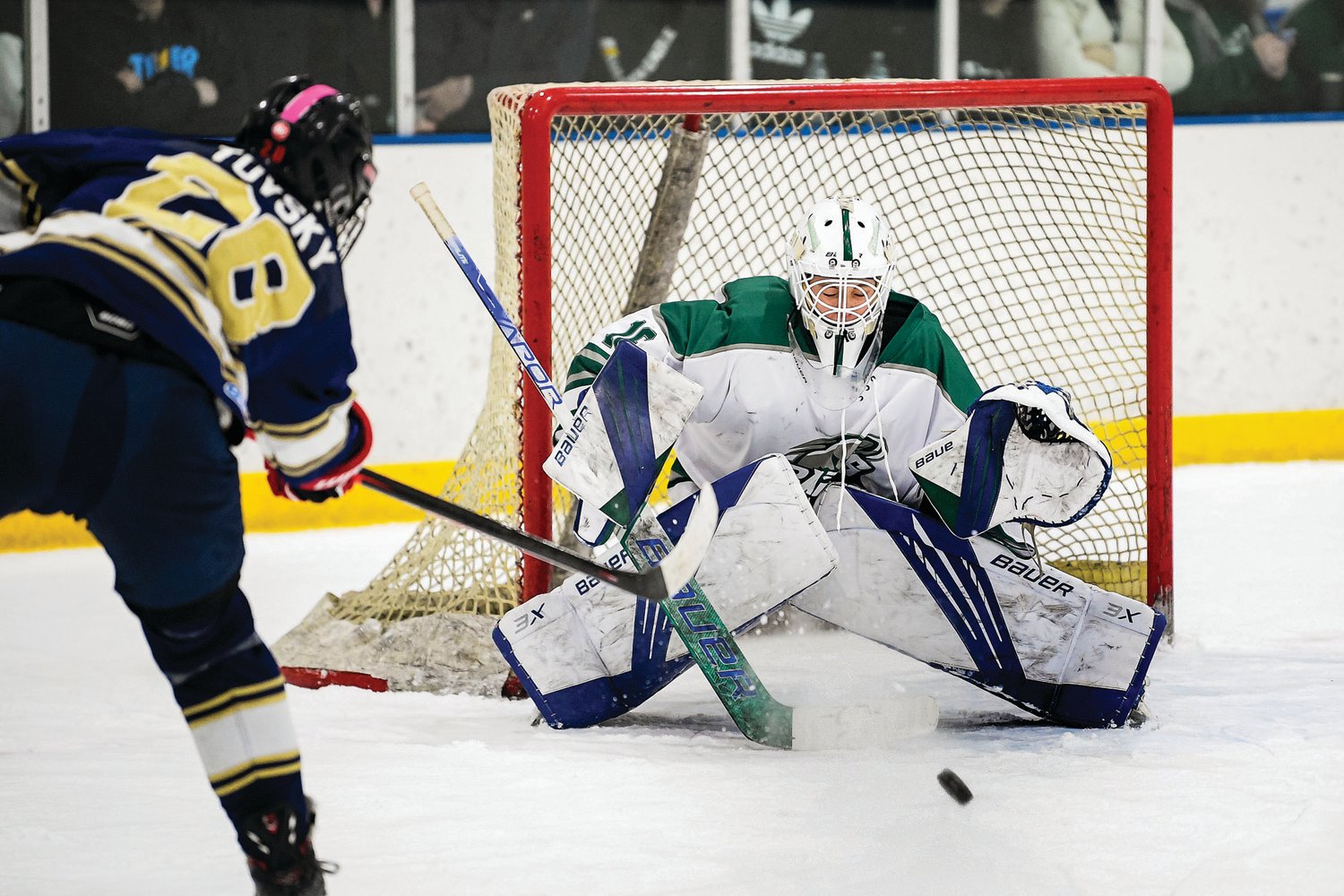 CR South’s Chase Tovsky launches a goal through the legs of Pennridge goalie Jacob Winton for the final score of the game.