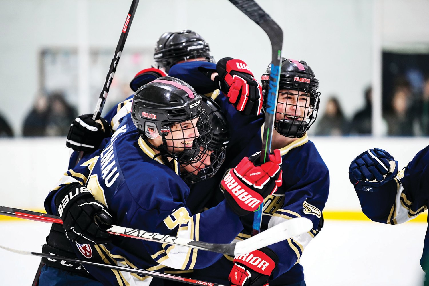 CR South teammates mob Illia Mukhin, center, after scoring on a long shot that went through the legs of Pennridge goalie Jacob Gilbert. Mukhin’s goal was the third of the period and eventual game-winner.