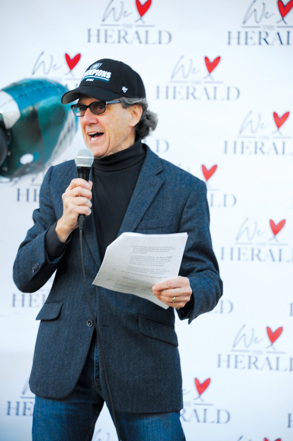 Bucks County Herald Publisher Joseph G. Wingert addresses Eagles fans at the Herald’s “Bucks County Loves the Birds” pep rally on the lawn of the old county courthouse in Doylestown Friday.