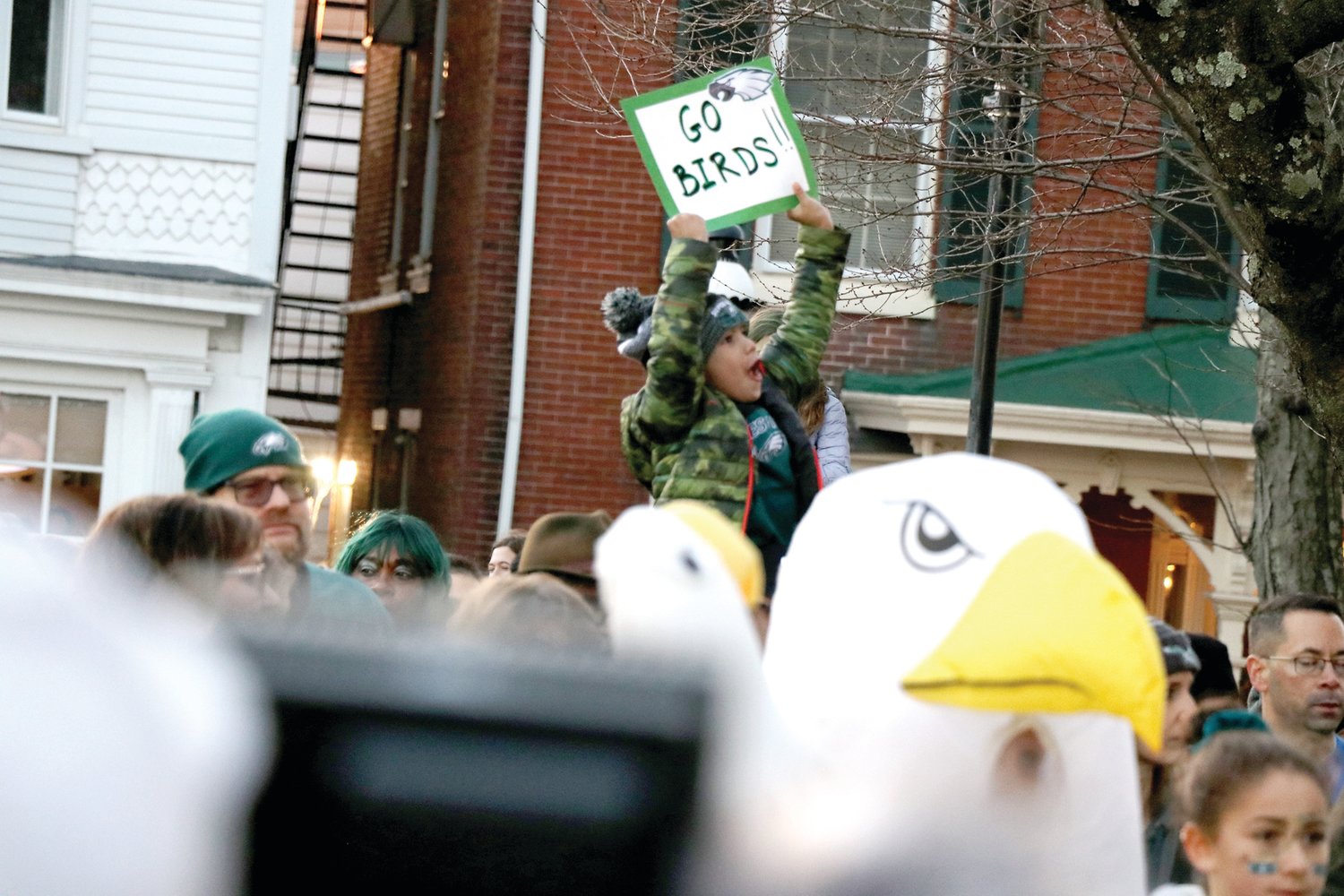 An Eagles fan holds his “Go Birds!” sign high above the crowd at Friday night’s “Bucks County Loves the Birds” pep rally.