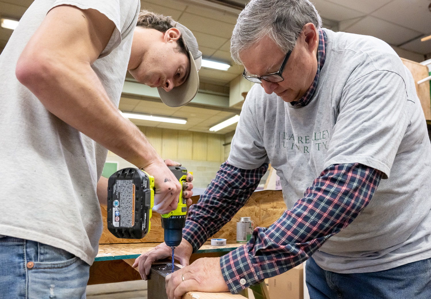 Delaware Valley University student Eddie Campbell, left, works on a display with Landscape Architecture Professor Howard Eyre. The team at Delaware Valley University is prepping for this year’s exhibit at the Philadelphia Flower Show.