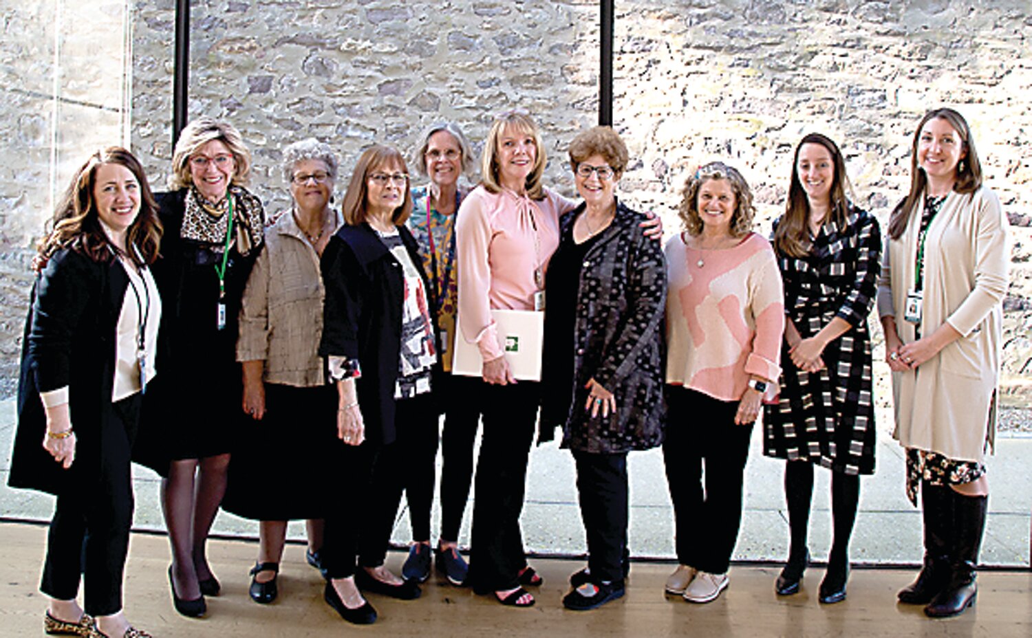 Jen McHugh, Michener’s manager of Adult Learning; Vail Garvin, Michener’s executive director; Jeffra Silverman Nandan; Ginger Woodbury (Award Winner: Docent of 2022); Maureen McCreadie (Award Winner: Docent of 2022); Terry Mackey (Award Winner: Volunteer of 2022); Binny Silverman; Leda Silverman Molly; Aisling Lavery; Michener’s Director of Public Engagement; and Rachelle Moes, Michener’s manager of School Programs and Creative Content.