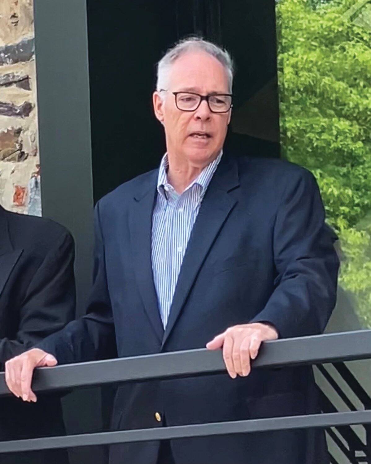 Ralph Fey, founder of Ralph C. Fey Architects, talks about the project to refurbish and upgrade the New Hope Arts Center on Stockton Avenue on Tuesday morning.