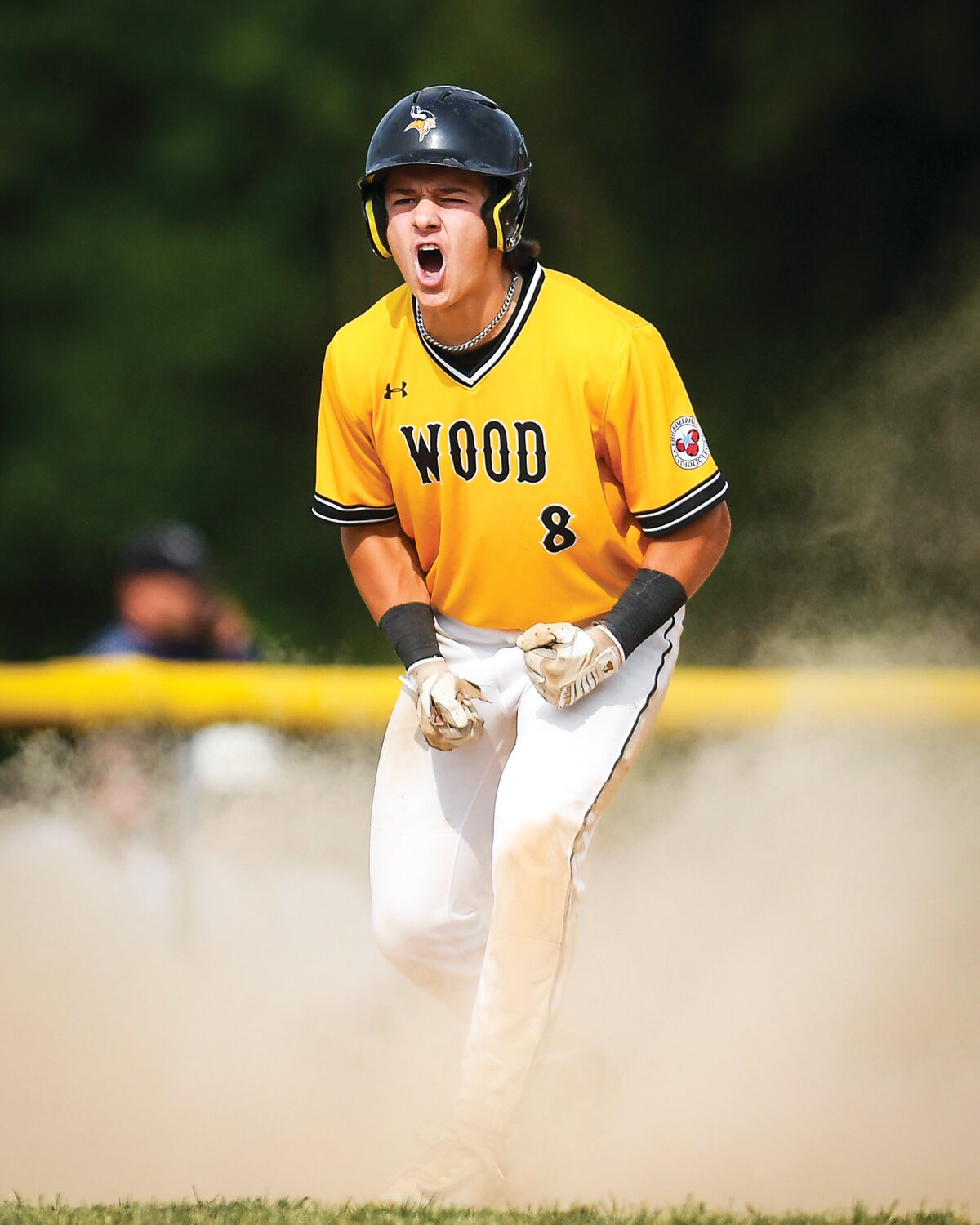 Archbishop Wood’s Patrick Gozdan after his third inning triple during the Vikings' PIAA opener against Pope John Paul II.