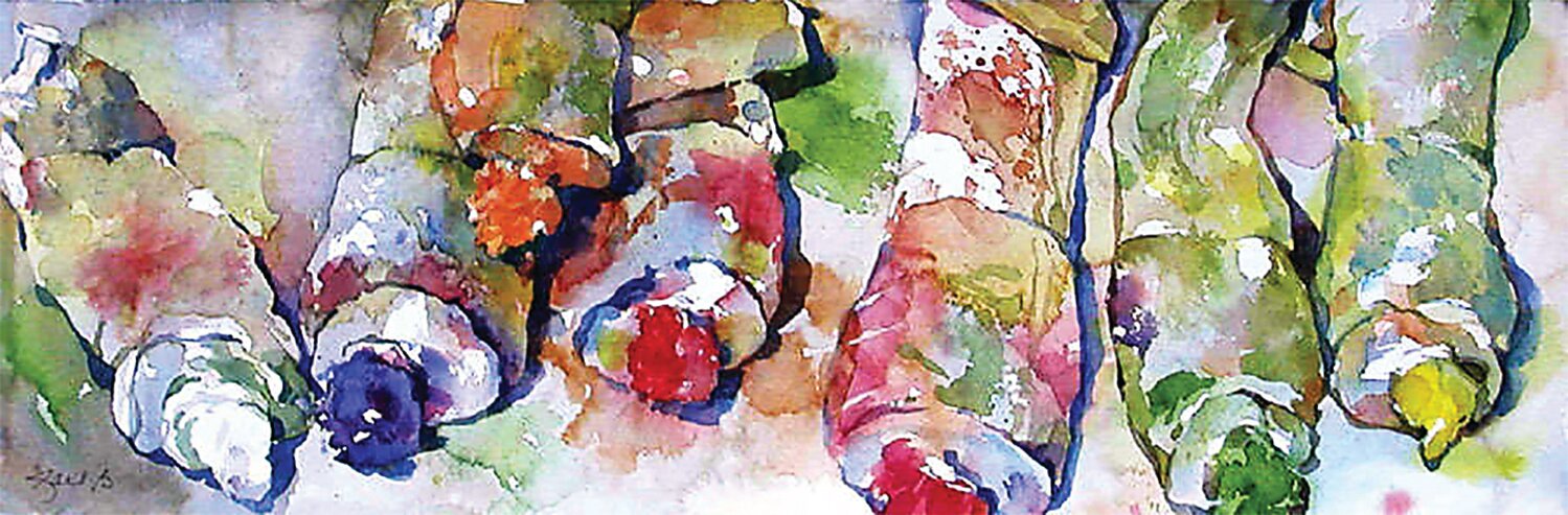 “Oils in Water” is a watercolor by the late Gail Bracegirdle.