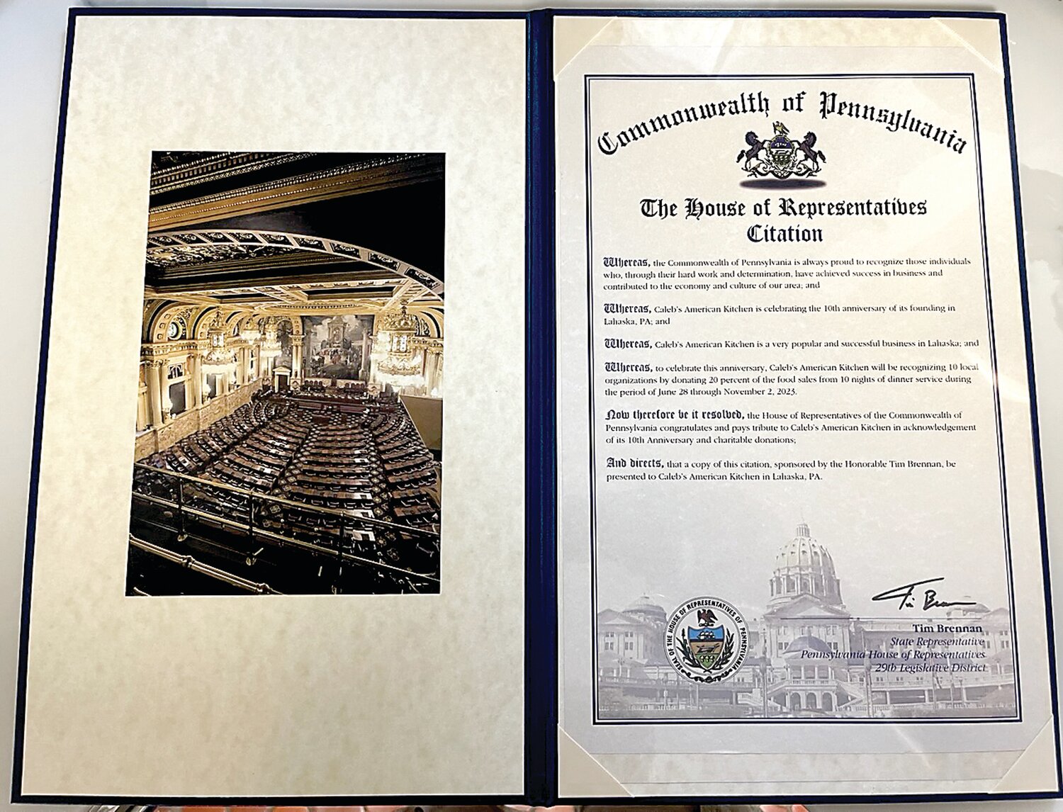 The state House of Representatives issued a citation to honor Caleb’s American Kitchen’s 10 years of service to the Central Bucks community.