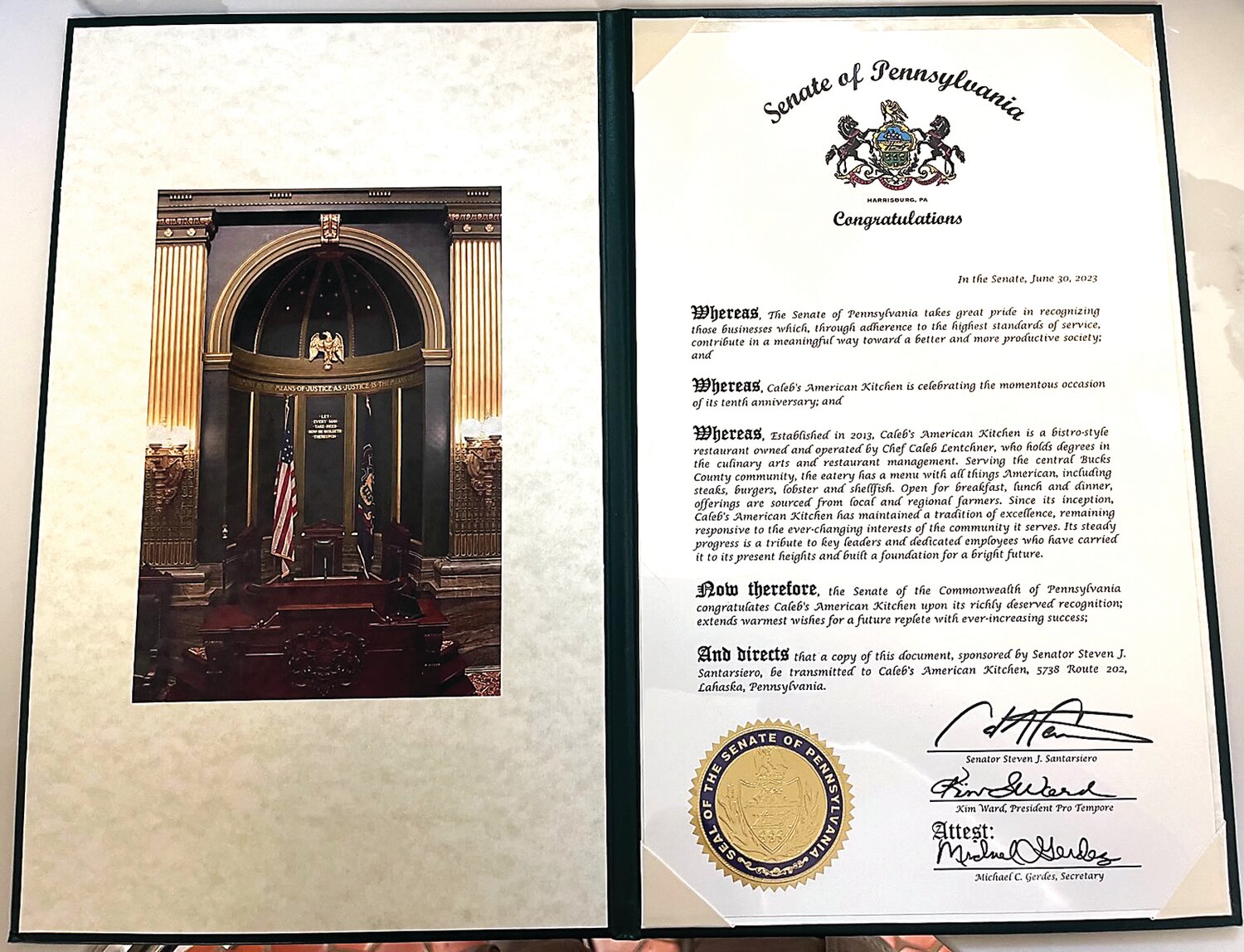 The state Senate issued a citation to honor Caleb’s American Kitchen’s 10 years of service to the Central Bucks community.