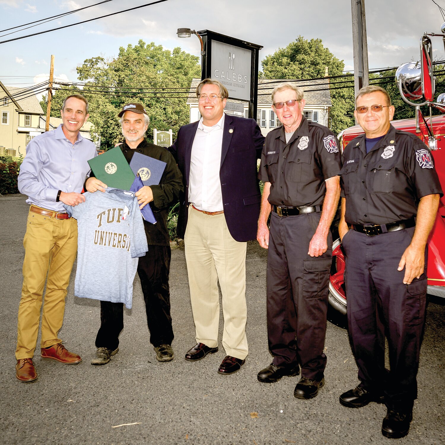 State Sen. Steve Santarsiero, Caleb’s American Kitchen owner Caleb Lentchner, state Rep. Tim Brennan, Midway Volunteer Fire Co. President John Forsyth and Midway Volunteer Fire Co. Chief George Stahl.