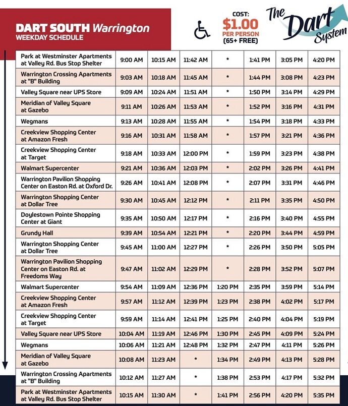 The DART South bus route stops at a dozen or so locations in and around Warrington.