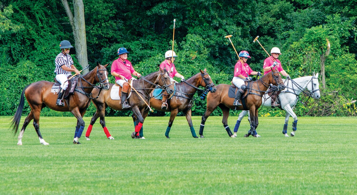 New Hope polo players and a referee ride their ponies on the field at Tinicum Park.