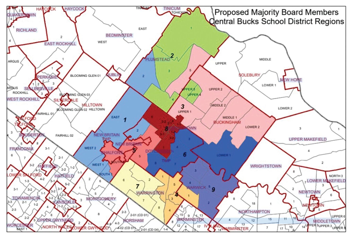 The Central Bucks School Board majority initially proposed this map to redraw the district’s nine voting regions.