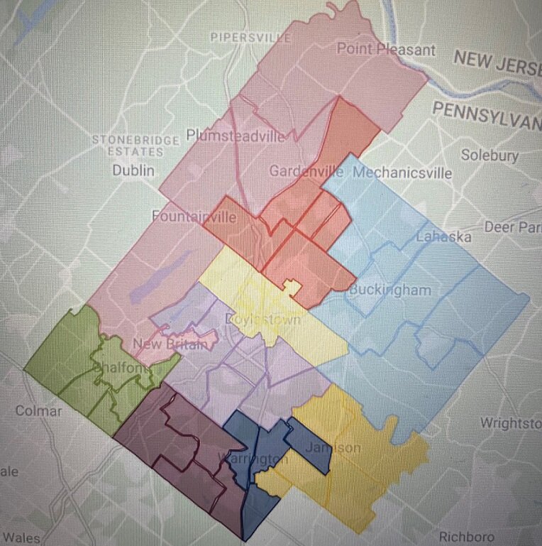 Central Bucks School District’s Voting Region Committee recommends the school board replace its previously proposed map with this one, which the committee narrowly voted to endorse in early September.