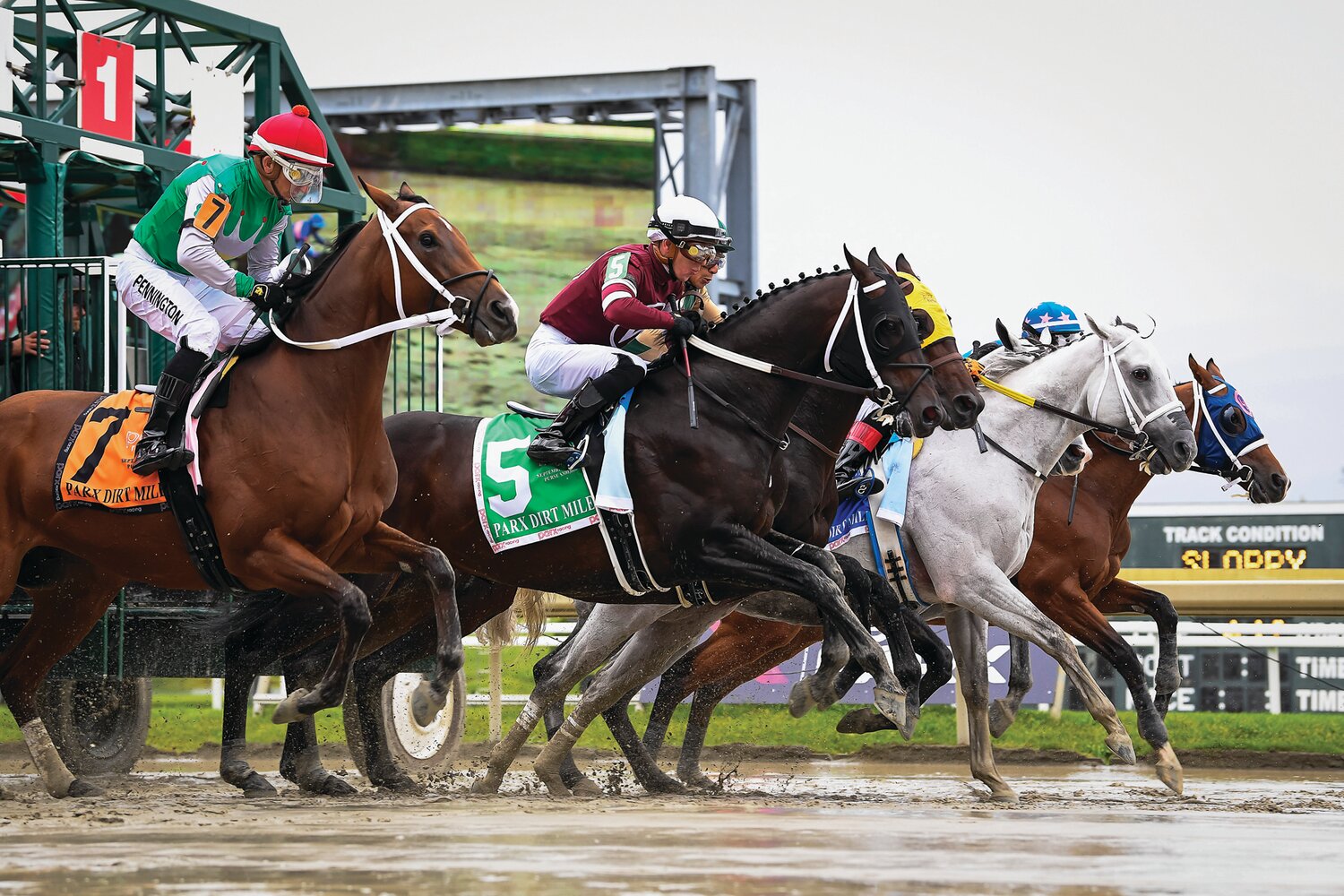 The start of race No. 10, a 1-mile distance won by Nimitz Class and jockey Paco Lopez.