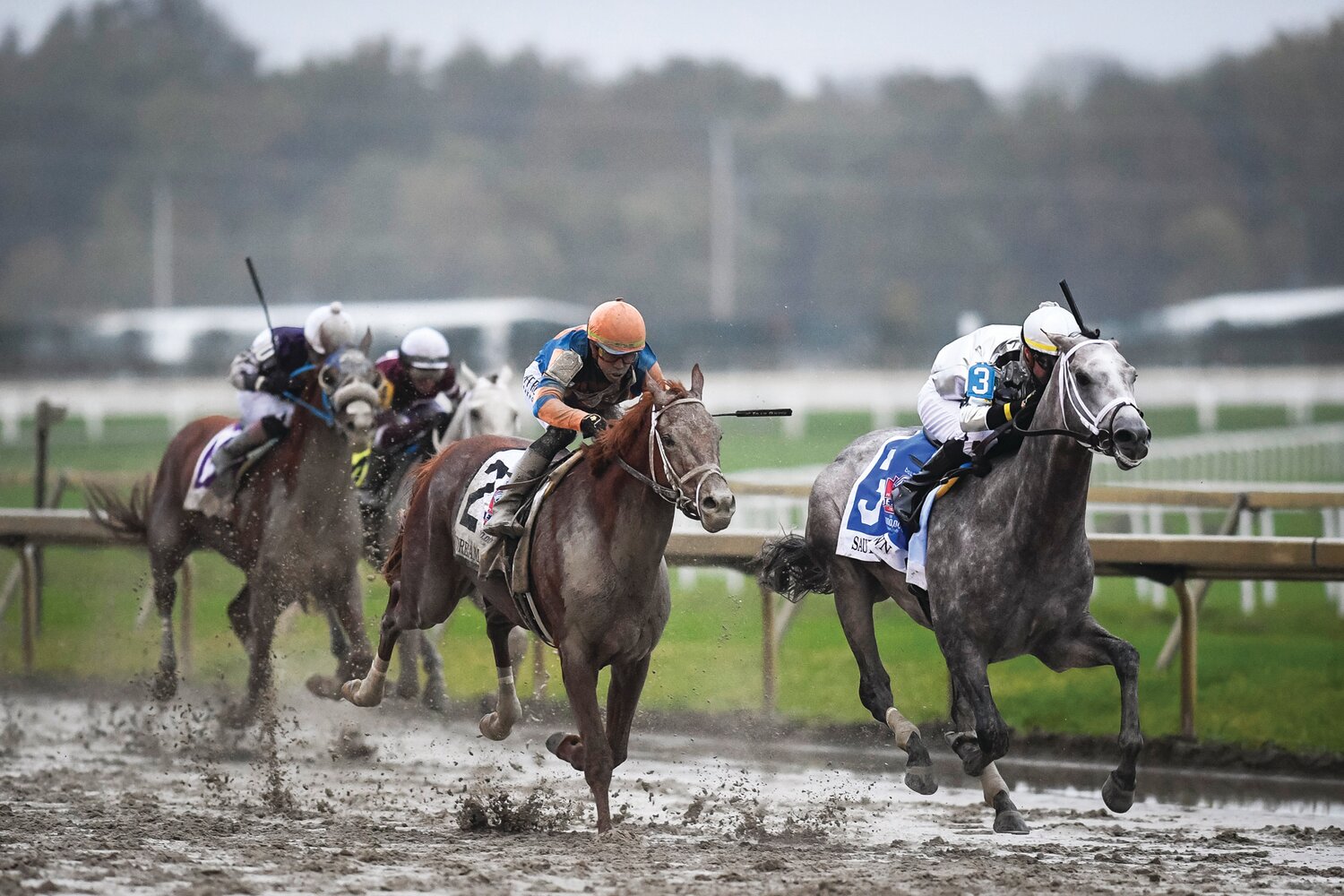 In the final stretch, Saudi Crown, ridden by Florent Geroux, out sprints Dreamlike, ridden by Irad Ortiz Jr., to win the PA Derby.