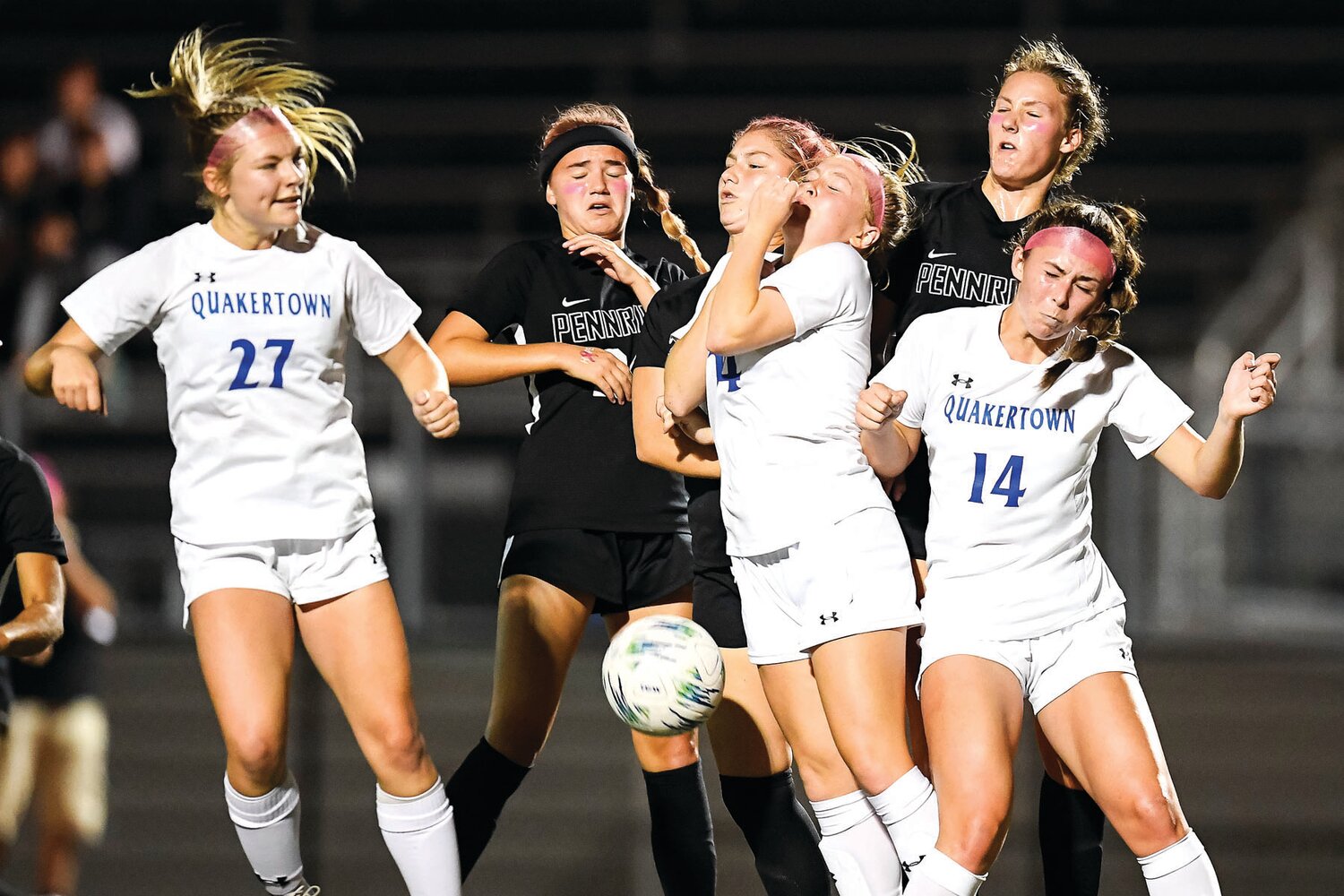 Quakertown’s Faith Greenday blocks a Pennridge corner kick in the first half.