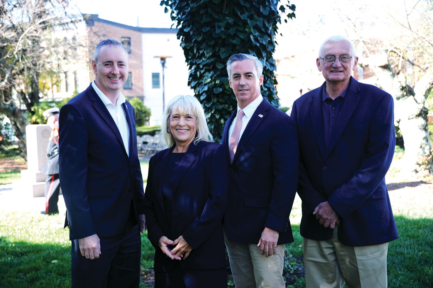 U.S. Rep. Brian Fitzpatrick, Diane Ellis Marseglia, vice chair, Bucks County Board of Commissioners;  Bob Harvie, Bucks County Board of Commissioners, chair; and Gene DiGirolamo, Bucks County Board of Commissioners, secretary, attend the Oct. 8 ceremony honoring Bucks County’s fallen firefighters.