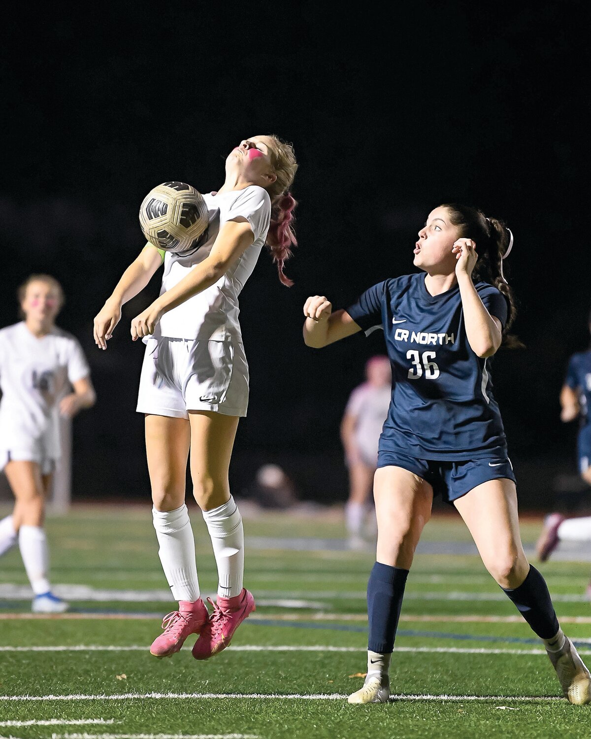 Council Rock South’s Kathryn O’Kane tries to control a pass in front of Council Rock North’s Sydney Linus late in the second half.