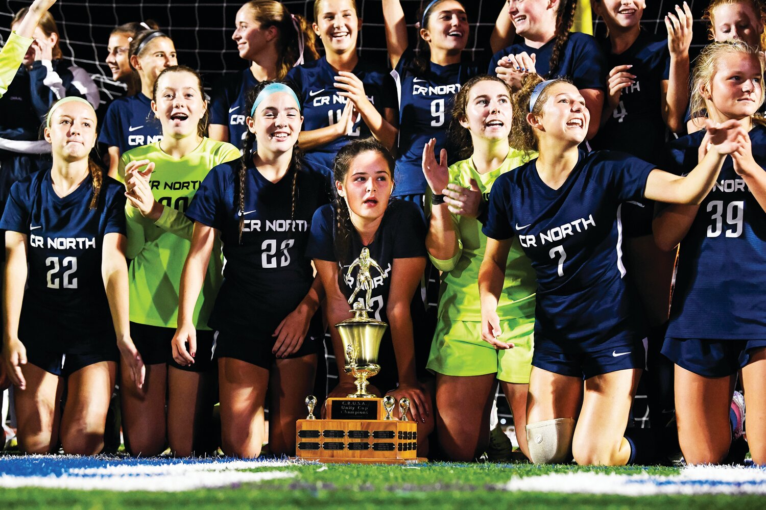 Council Rock North players get together for a team shot with the Unity Cup after a 1-0 win over Council Rock South.