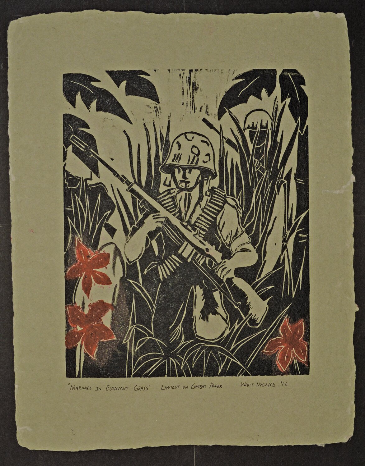 “Marines in Elephant Grass,” linocut, by Walt Nygard, 2012.