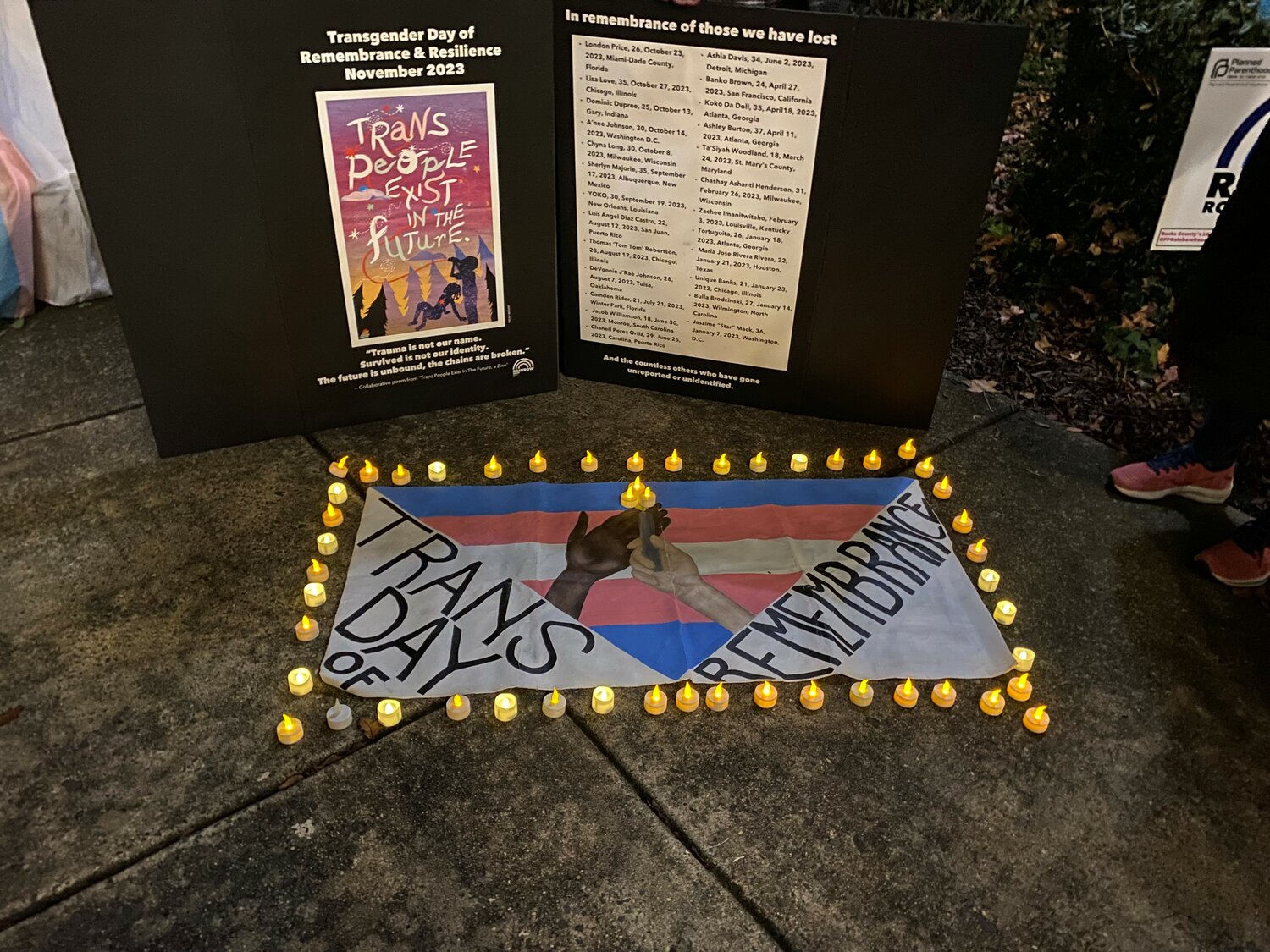 About 50 people gathered at the former Bucks County Courthouse in Doylestown Borough Wednesday evening to mark Trans Day of Remembrance.