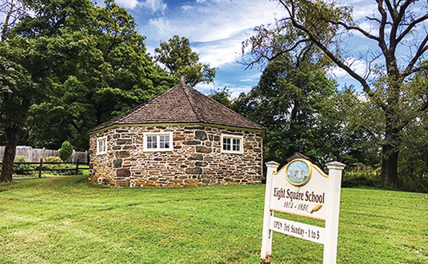 This octagonal schoolhouse, located at Swamp Road and Second Street Pike in Wrightstown Township, is the only remaining octagonal-shaped school in Bucks County, according to a township history.