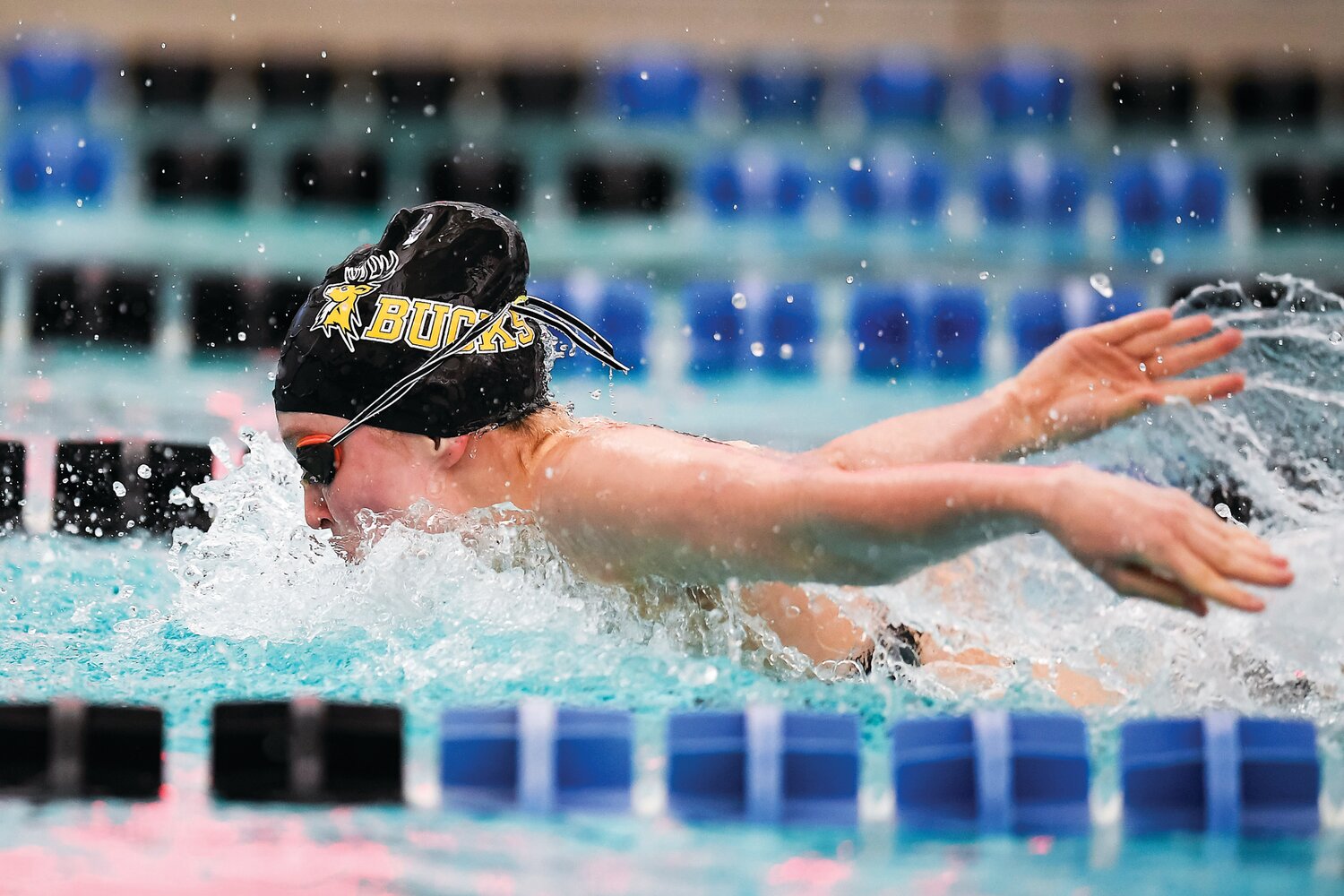 Central Bucks West’s Sarah Shapiro during the butterfly portion of the 200-yard individual medley on Tuesday. The West girls swim team tied CR North 82-82 and the West boys team triumphed by a score of 115-68.