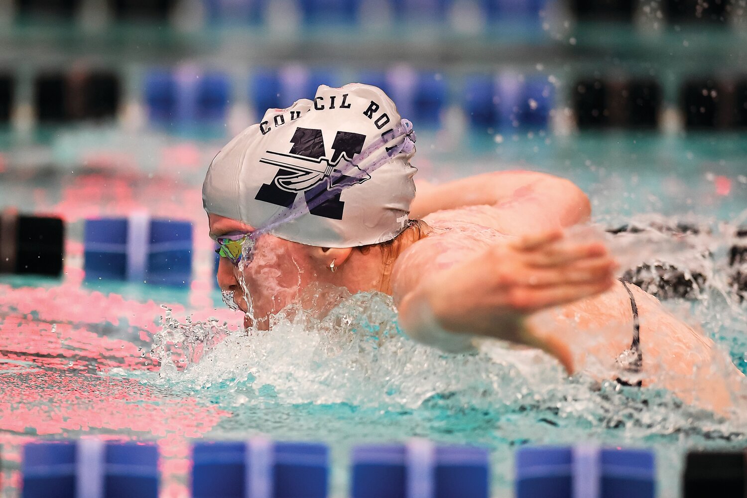 Council Rock North’s Kaitlyn Landers during the butterfly portion of Tuesday’s 200-yard medley. Landers won the race in a time of 2:14:68.