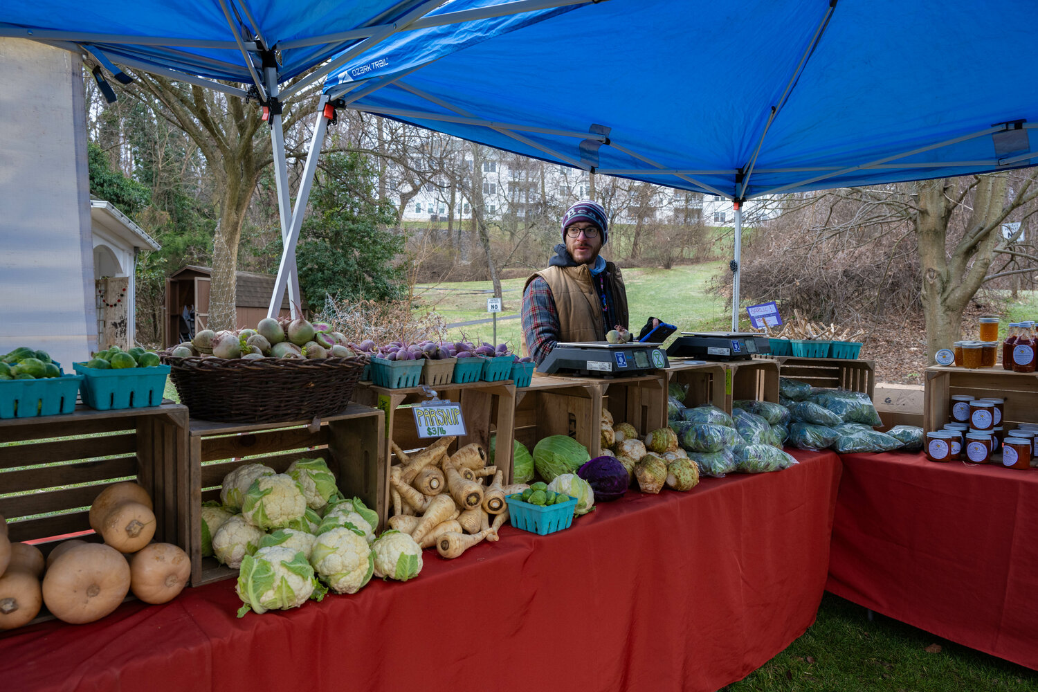 With his tent, Gabe Siciliano, of Abe’s Acres Farms, is ready for the winter weather.