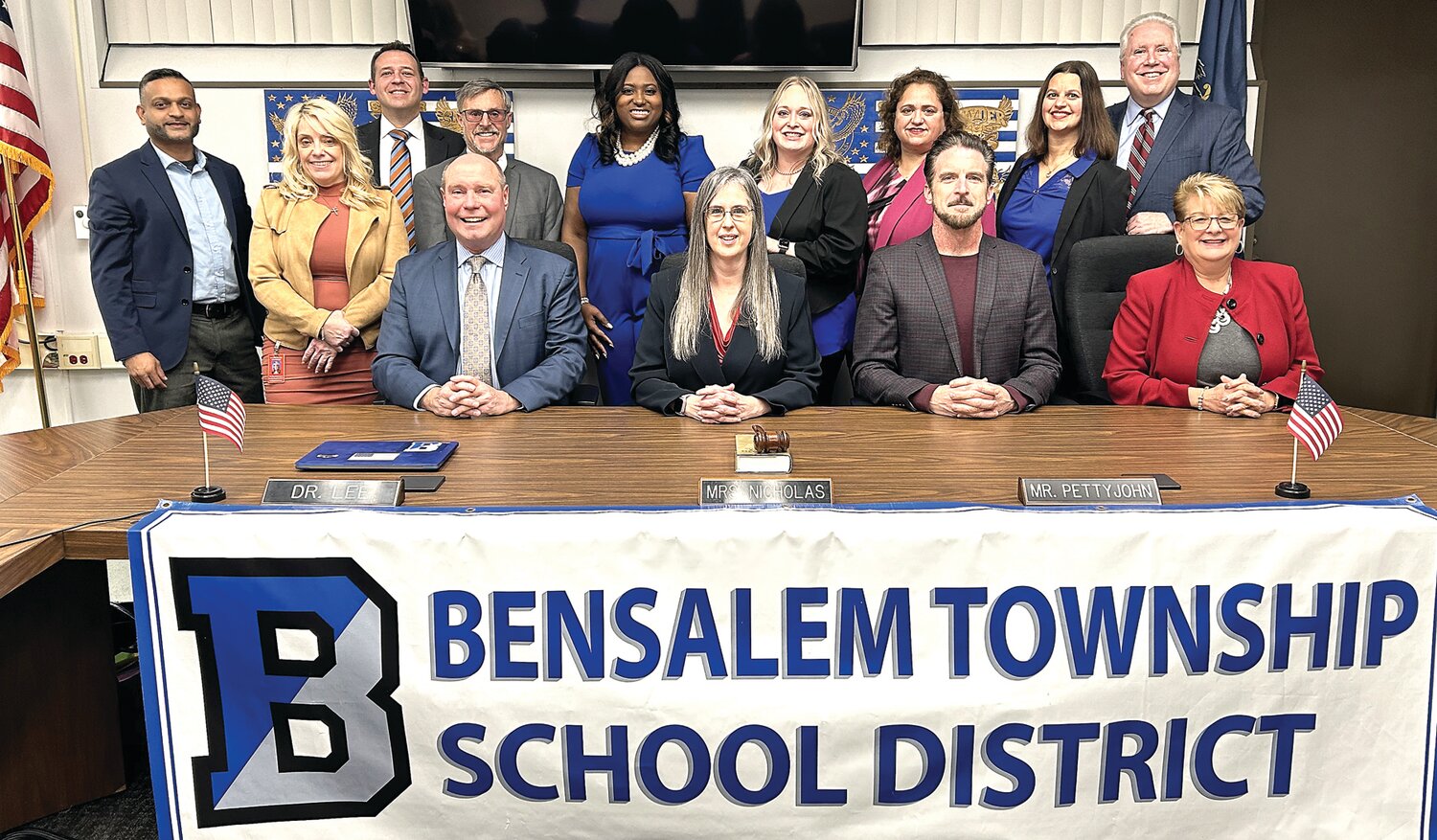 From left are: back row, Jiten Patel, Bensalem Township School Board director; Dr. Victoria Velazquez, assistant to the superintendent for K-12 administration; Brian Cohen, assistant to the superintendent for special services; board directors Marc Cohen, Deborah King, Rebecca Mirra, Stephanie A. Gonzalez Ferrandez, Karen A. Winters, Joseph Pizzo; sitting, Dr. Samuel Lee, district superintendent; Heather D. Nicholas, board president; Joseph A. Pettyjohn, bard vice president; and Kim J. Rivera, board director.