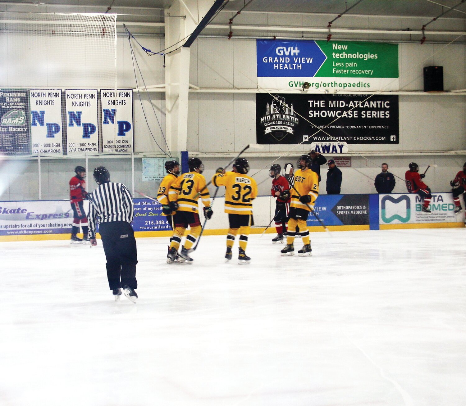 Central Bucks West players celebrate a goal by Anthony Dowd, who scored four goals in the Bucks’ 9-1 win over Neshaminy.