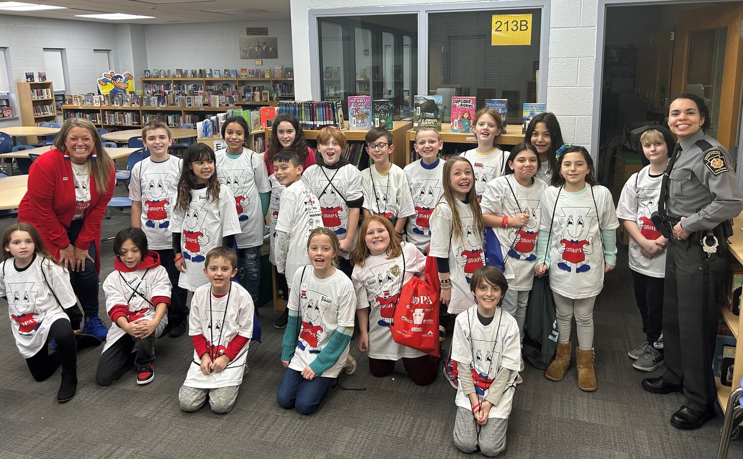 Durham-Nockamixon Elementary School students display their new America250PA t-shirts.