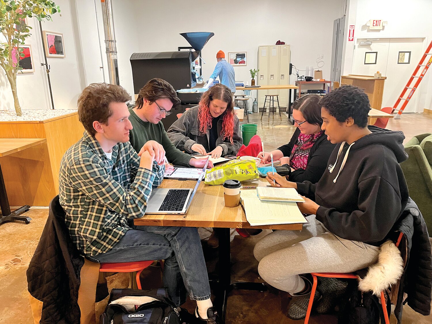 From left, Tommy Gonzalez, Liam Carroll, Deidre Hennessey, Erin Ferlich and Andrea Schrader meet at Luminary Coffee on North Union Street in Lambertville.