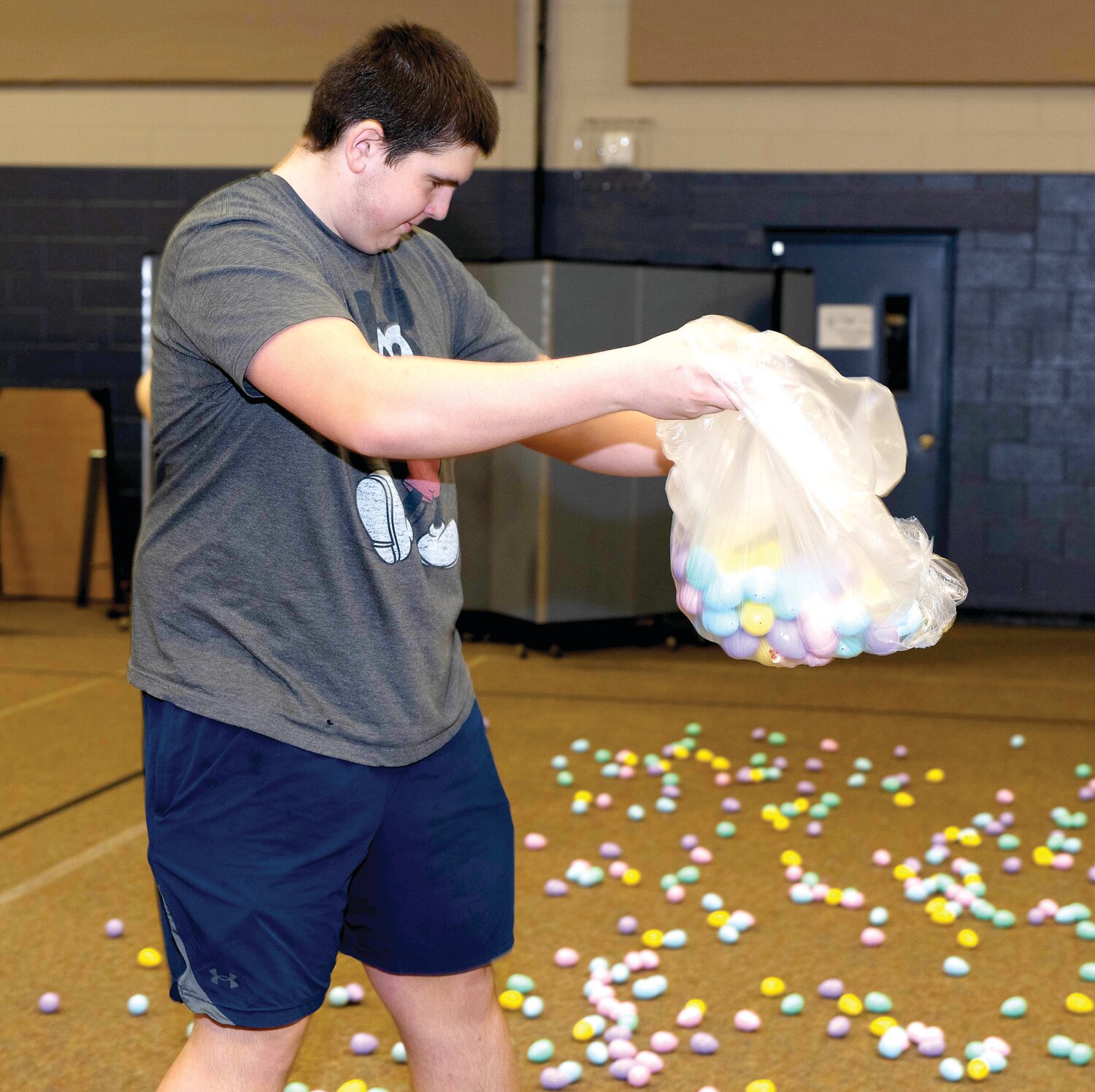 Volunteers set up the egg hunting zone.