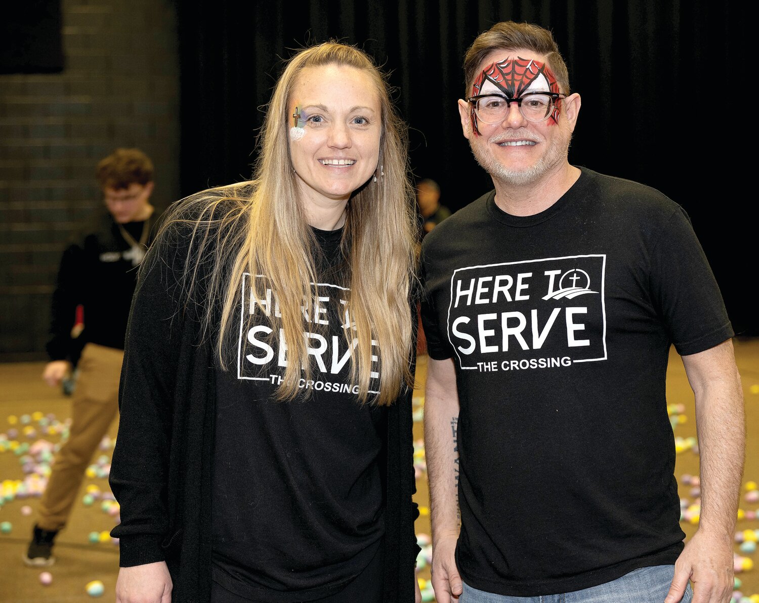 Shari Bonet, family pastor, and Mark Smith, pastor of worship, help out at  Washington Crossing United Methodist Church’s Mega Egg Hunt.