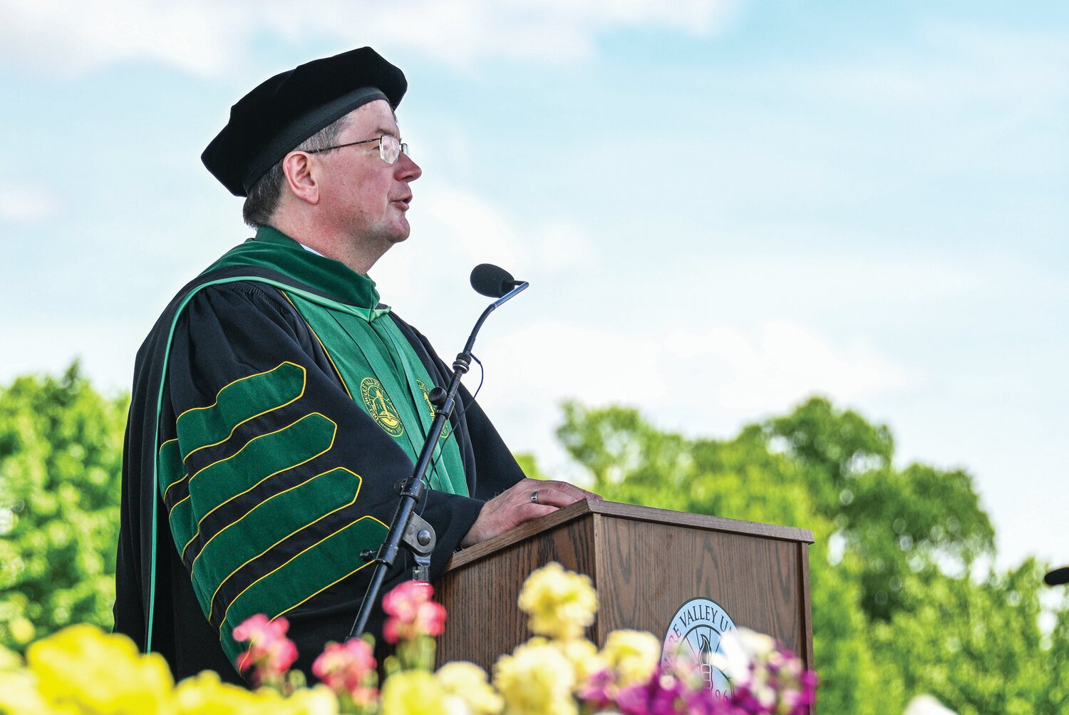 Delaware Valley University President Dr. Benjamin E. Rusiloski shares words of inspiration with the 2024 graduating class.