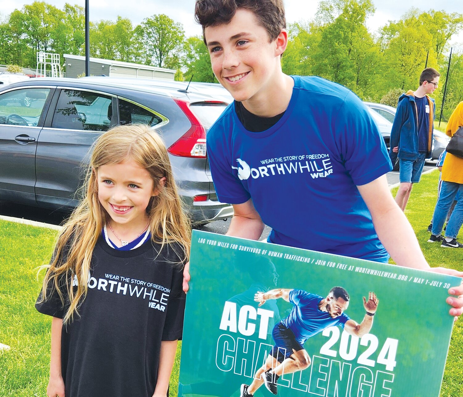 Plumstead Christian School students Laurel Wilson and Mason McCuen join the Worthwhile Wear Act 2024 Challenge to raise awareness of human trafficking.